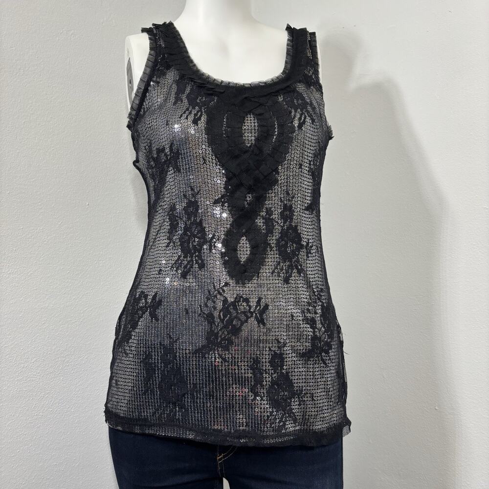White House Black Market Tank Top S Black Lace Sequin Glam Romantic‎ Whimsygoth